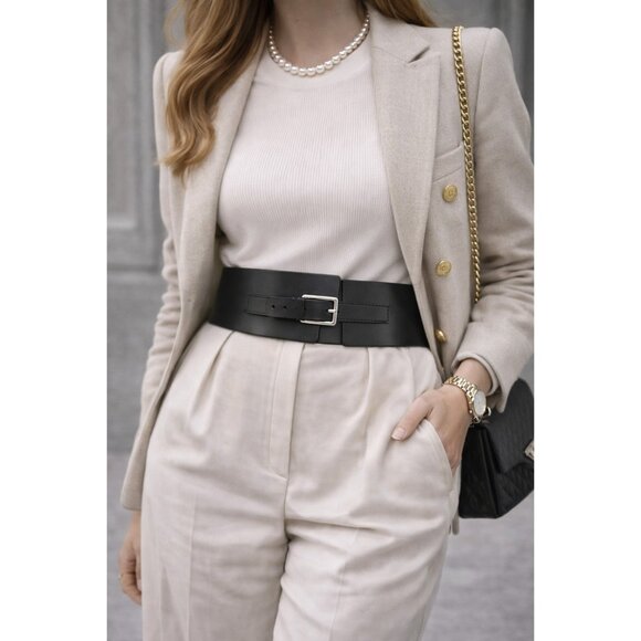 ZAPA Paris Wide Black Leather Waist Belt Corset Style Made in France Size 75/30 - Picture 8 of 10